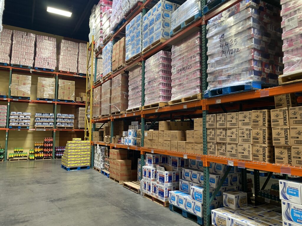 Warehouse interior with pallets and products